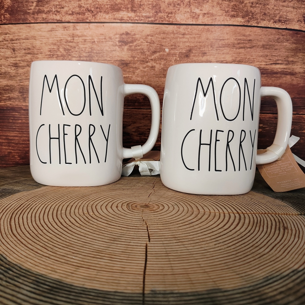 Rae Dunn Mon Cherry (Mon Cheri) White Mugs Set (2)  NWT